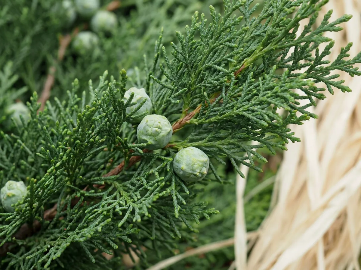 Dark green scale-like cypress foliage with small unripe cones on a slender tree